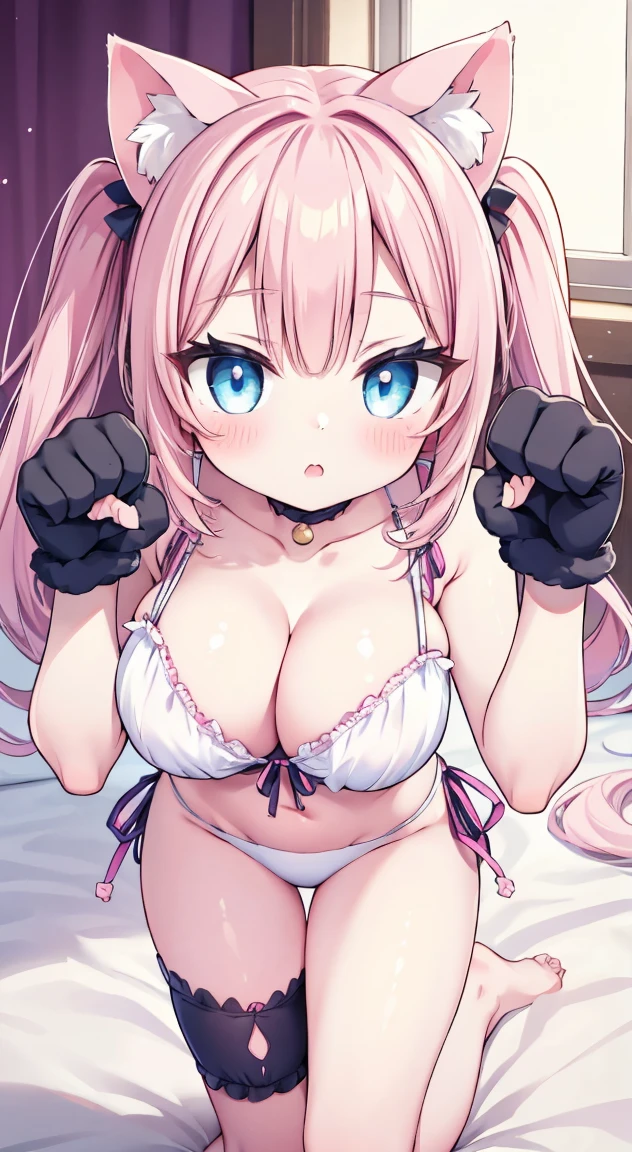 Cute young white cat wearing lingerie,Cat ear,Paw Ball Gloves,Leaning forward in a meow-meow pose,On the bed,gold pink twintailshair,Cute eyes,side tie panties,Large Breasts,