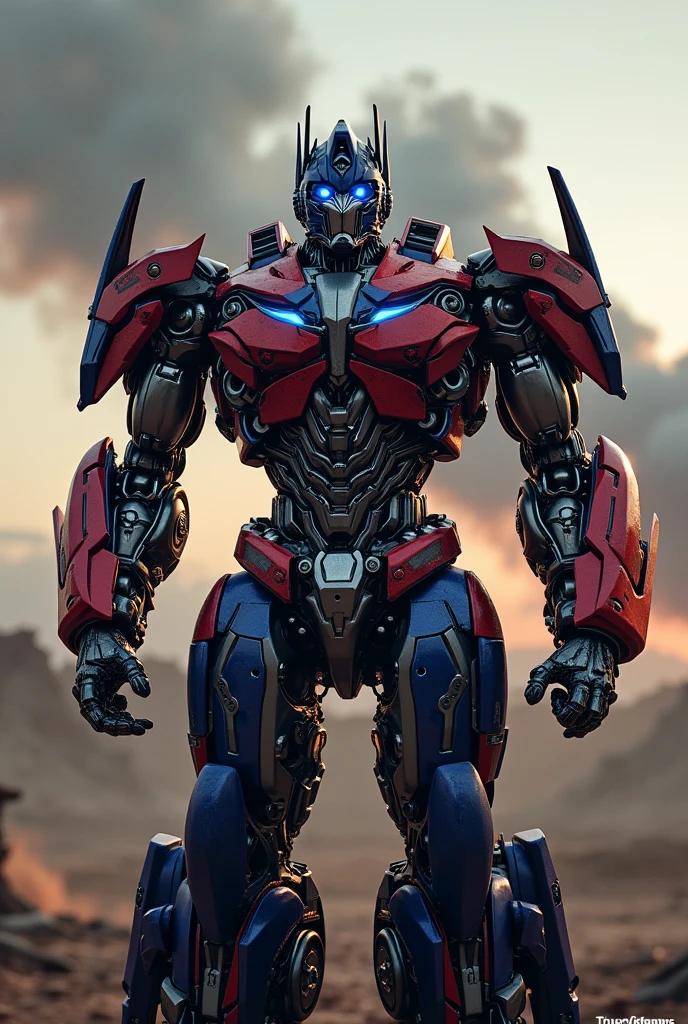 detailed highly realistic cinematic render of Optimus Prime, Transformers The Last Knight, Bayverse style, intricate machinery, glowing eyes, powerful pose, dramatic lighting, cinematic angle, photorealistic, hyper detailed, 8k, masterpiece