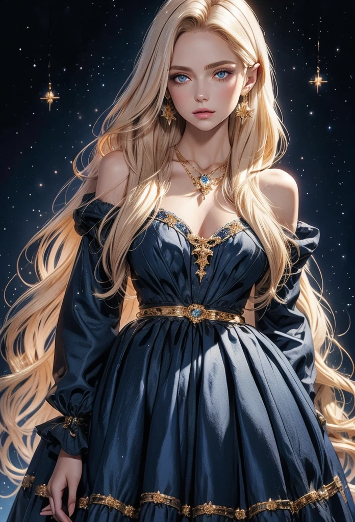 lamplight, beautiful woman, gold eyes, (Detailed eyes, The eyes are bright), Long blonde hair, pale-skinned, blue diamond earrings, blue diamond necklace, medium skin, dark blue gown, Meticulous dress of golden accessories on clothes, blue flowers on hair, (perfect anatomia), Highqualityshadow, natural lighting, (White highlights),overcast day, (starrysky), (shining), ultra detailed