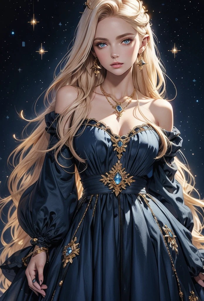 lamplight, beautiful woman, gold eyes, (Detailed eyes, The eyes are bright), Long blonde hair, pale-skinned, blue diamond earrings, blue diamond necklace, medium skin, dark blue gown, Meticulous dress of golden accessories on clothes, blue flowers on hair, (perfect anatomia), Highqualityshadow, natural lighting, (White highlights),overcast day, (starrysky), (shining), ultra detailed