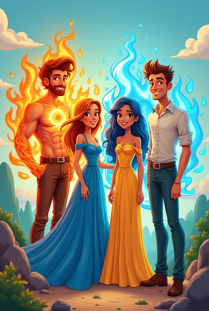 4 fantasy figures A man matching the element fire with flames A woman matching the element water with a blue dress A woman matching the element air with clouds A man matching the element earth Are friends For a project in primary school 3rd grade Childish cartoon fantasy Looking forward into the camera 

