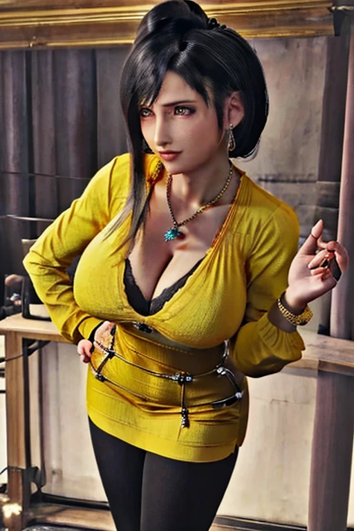 Tifa lockhart, implanted Big breast, ((long sleeve thin yellow  dress that show body curve with a cleavage)),Game,1girl,Jewel ring,Gold chained round shape necklace,Hoopa earring,Bracelet,Big cleavage,topknot hair bun,((Beehive Bun style)) ,black hair,Curvy figure,Unnatural big breast,Cleavage,black color long nail,Swaying hip,Head to waist view,Sculpted calves figure,Thick tights,Wide hips,very big cleavage,Enchanced big breast,((Diamond wedding ring)),Aristoticat ring, Detailed eyes,Busty,don corneo mansion,Madam tifa,View from front,dangerous cleavage,semi sweetheart cleavage,Solo,looking at you,Dignified expression,Show off cleavage,detailed hands,Detailed eyes,Gaze on viewer,Curvy figure,hand in hip pose,Dangerous cleavage,High quality,((black hair)),diamond wedding ring,Extravagant rings