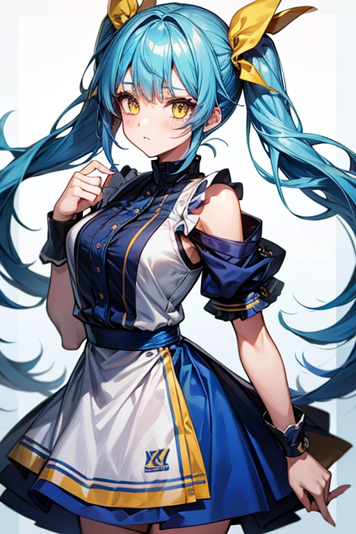 A beautiful girl with blue hair, twin tail, yellow eyes