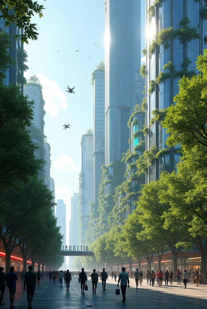 "Create a futuristic cityscape set in the year 2040. The skyline is filled with tall, sleek skyscrapers made of glass and advanced materials, some with greenery growing on the sides. Autonomous flying vehicles and drones are seen buzzing around, alongside electric cars on roads that incorporate smart technology. The streets are clean and populated with people wearing modern, functional clothing that blends technology with fashion. Digital billboards display holographic advertisements. Parks and green spaces are interwoven with the urban environment, featuring innovative architectural designs like floating gardens and vertical farms. The atmosphere feels advanced yet sustainable, with a focus on eco-friendly technology and a harmonious blend between nature and urban life."