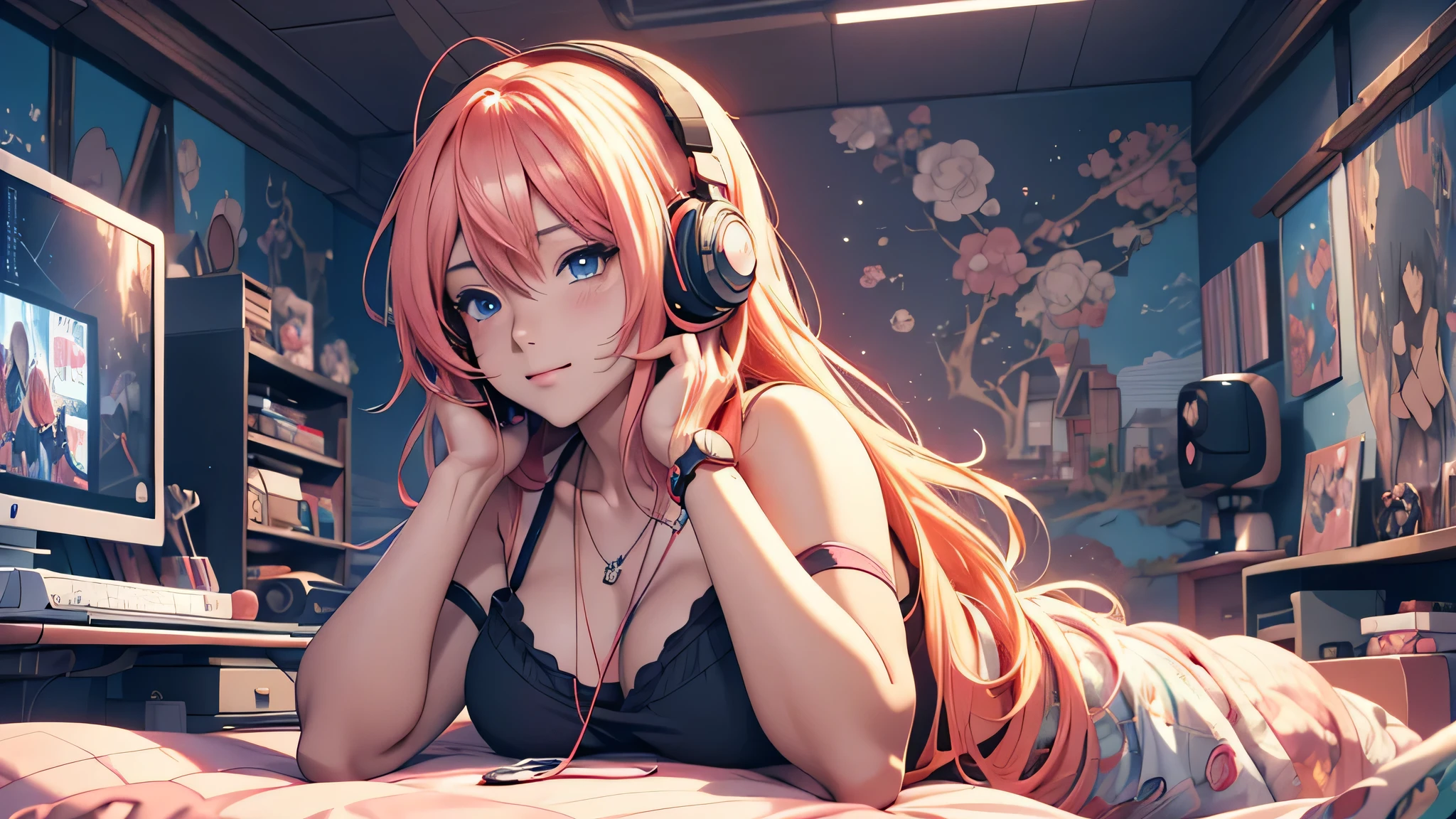 Woman wearing headphones, Anime Style 4 k, anime wallpaper 4k, anime wallpaper 4k, 4k anime wallpaper, anime art wallpaper 4k, anime art wallpaper 4k, Anime Style. 8K, Anime atmosphere, , Ultra HD Anime Wallpaper, Anime Art Wallpaper 8K, Anime Background,landscape、study、machine、room
