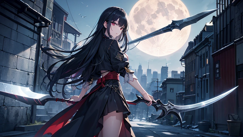(最high quality、High resolution、Textured skin、high quality、Caution about scars、Precise CG unification、Detailed Background)、((Turn around))、Pale Moon、Game CG、Has a giant scythe、Overlooking the city
