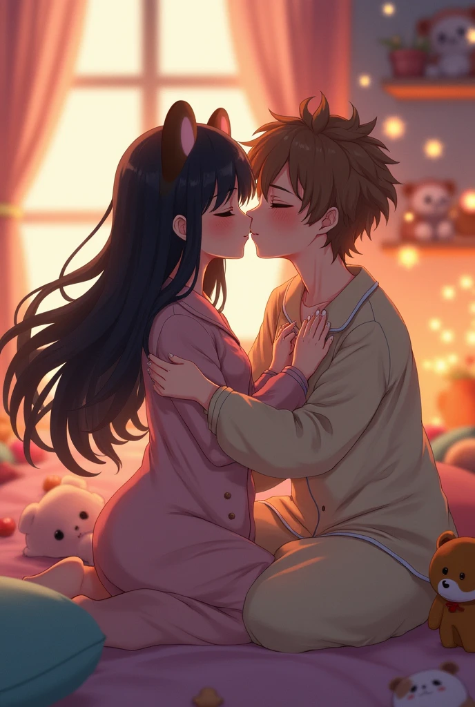 An anime woman with long black hair and brown cute bear ears and she is kissing an anime man with brown-blonde hair and he doesn't not have bear ears on his cheek and he is slightly blushing and they are wearing pyjamas