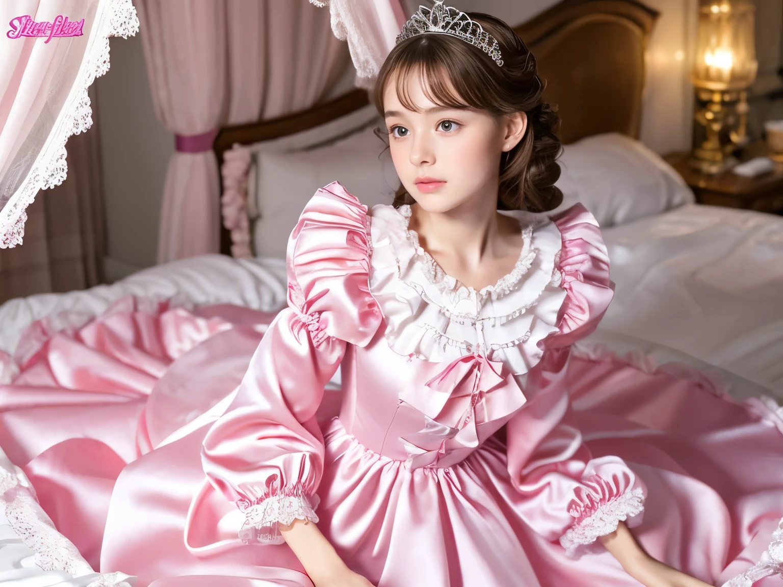 ,highest quality, masterpiece, highest resolution, artwork, super それにget used to it, many get used to it, get used to it, それにget used to it, 3k realistic pictures,,((10 year old little girls)),Ultra-detailed juvenile face,three are princesses,full length ball gown dress with hoop skirt,ruffled yoke collar,puff sleeves,long sleeve,((Lolita style hot pink detailed princess satin dress with lots of ruffles and ribbons)),Rococo style lolita fashion,shiny satin dress,Soft and smooth fabric,luxury,long blonde hair,blue eyes,white skin european,Pajama,((in the bedroom)),luxury princess canopy frilled bed,super detailed bed,lying on the bed,High-quality background,