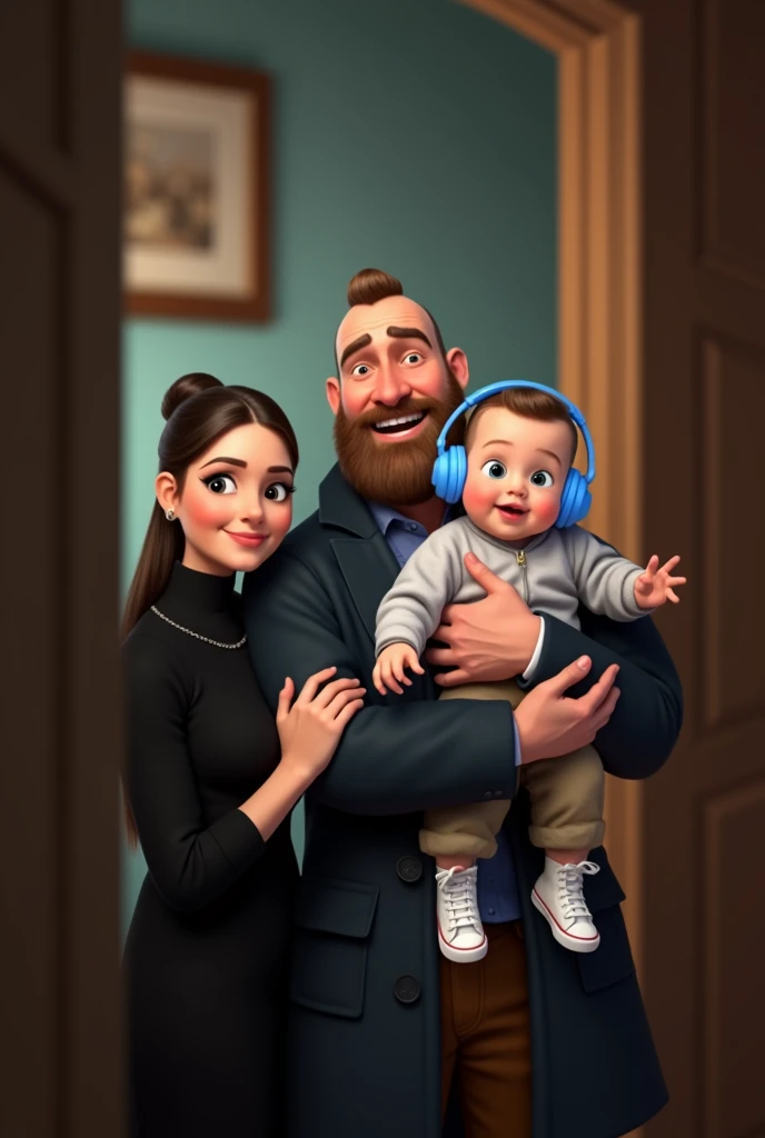 family of 3 people, an adult couple and an 8-month-old baby. The father is in the center, he is wearing  dark blue coat and light blue shirt and brown pants, he is the tallest,  big and strong,,  full shaved bald hair and he has a medium black Viking-style beard, with light brown eyes and  he has grumpy face. The father is holding the 8-month-old baby in his left arm. The eight-month-old baby has dark blond hair and big dark blue eyes, the baby is wearing light grey jumper and light brown pants and converse withe shoes and headphones blue. The mother has dark blond hair and light brown eyes, her hair tied up and a beautiful smile, she is very beautiful and gorgeus and elegant. She is wearing black dress, Character should be colorful and have a fun, friendly look, with exaggerated, expressive features. Pixar style.