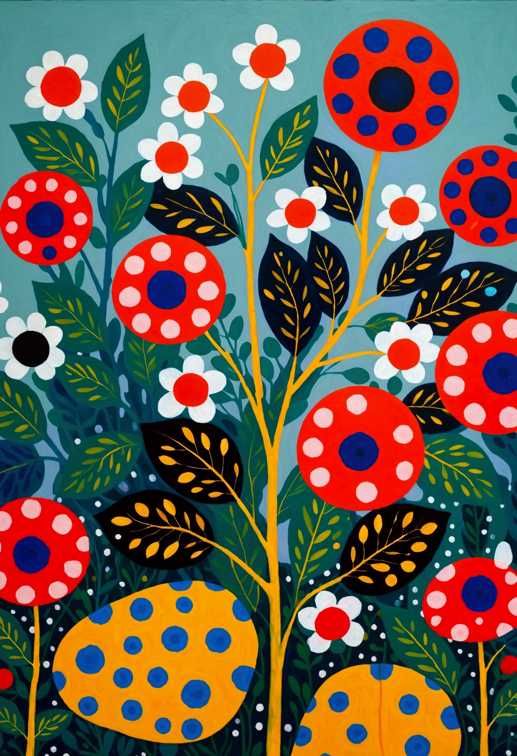 An abstract painting,plant,polka dots, solid color background, dense pattern, high color contrast, Yayoi Kusama style.