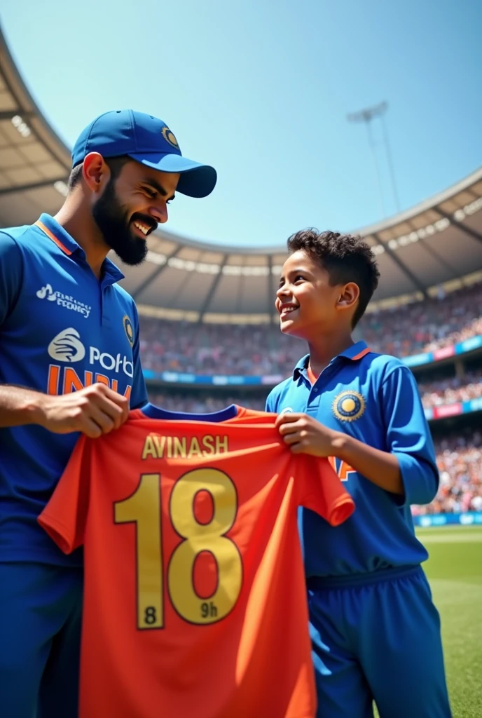 Virat kohli gives a 18 number Jersey to a cute boy i need a name of jersey back that is Avinash 