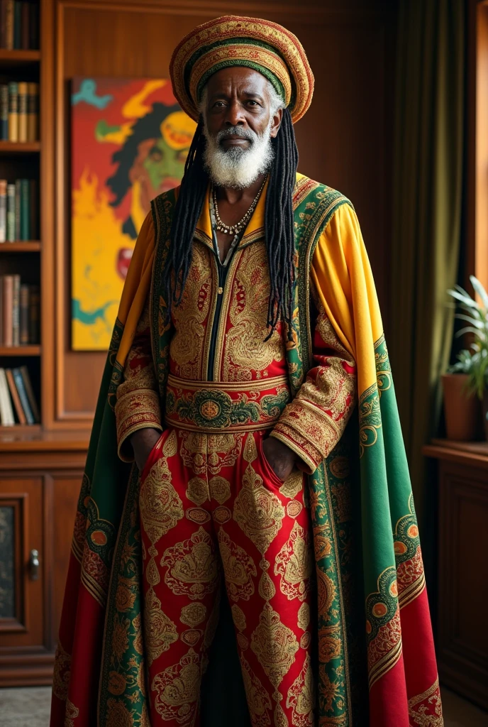 senior rastafari king, standing proud, wearing religious balenciaga attire, embroidered clothing, looking at camera at an office,