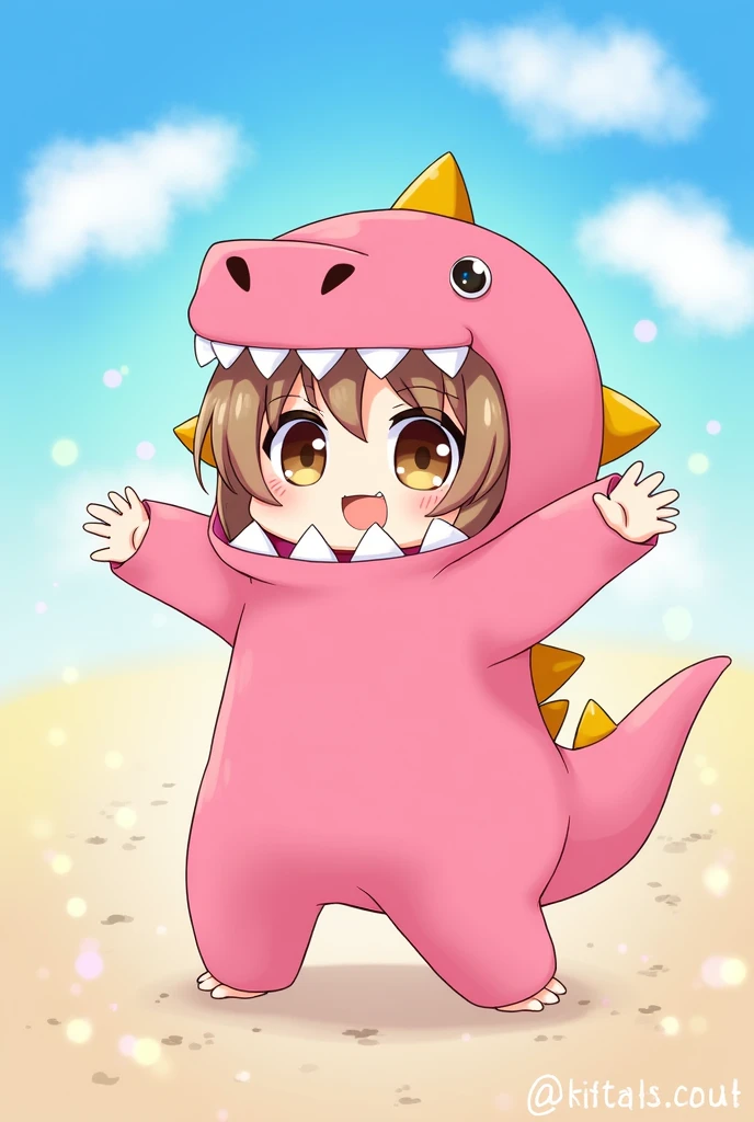 High resolution, top quality, ultra-high definition, create a chibi-style anime character wearing a bright pink dinosaur costume. This character has large expressive brown eyes and short brown hair. The dinosaur costume is oversized and features the character's head protruding from the dinosaur's mouth area. The costume features black claws on the hands and feet, small white fangs in the dinosaur's mouth, and a long tail. The characters' expressions are bright and excited, with their mouths wide open and their hands raised, giving them playfulness and energy.