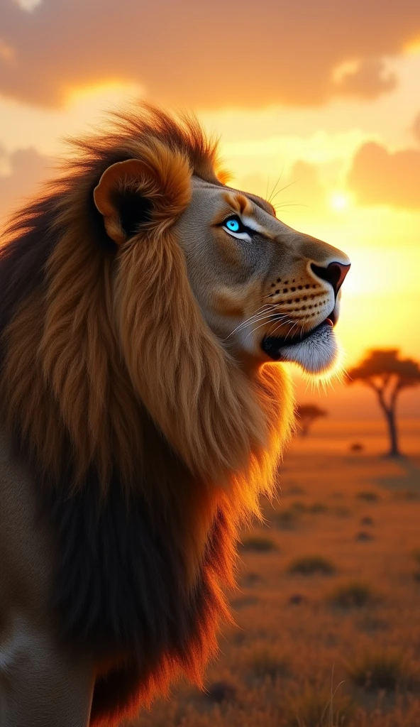 Generate an ultra realistic 8k image of a lion with a big and beautiful mane strong robust with blue eyes strong handsome, looking up at the sunrise