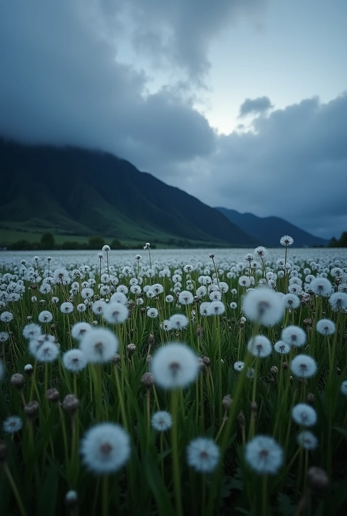 Endless field of white dandelions under the cloudy weather on the slope of the mountain at night no sun
