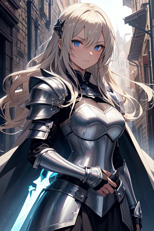 Create an anime-style female knight standing confidently in a medieval cobblestone street. She has long, wavy blonde hair, piercing blue eyes, and is clad in shiny silver and black armor, which is intricately detailed. Her armor includes a chest plate, gauntlets, and greaves, and she wears a flowing black cape. She holds a glowing blue sword in her right hand, which emits a soft light. The background depicts a medieval cityscape with tall buildings, narrow streets, and a soft light filtering through, adding a sense of depth and atmosphere to the scene. The character should exude strength and determination, with a slightly ethereal or heroic aura