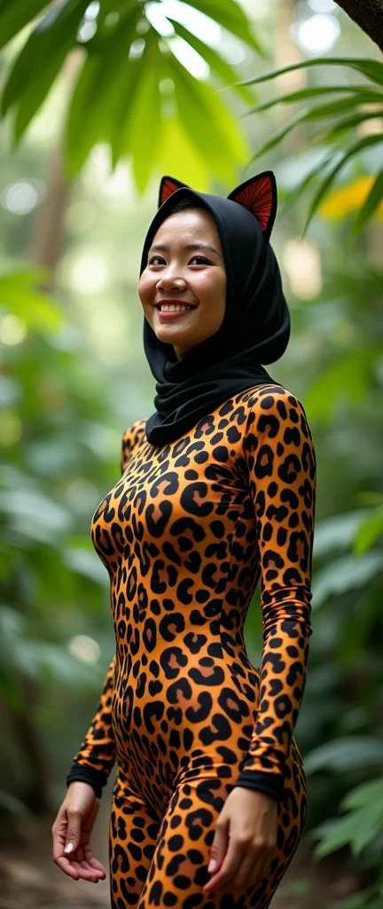 The beautiful asian adult girl with beautiful cheeks wears leopard lycra turtleneck unitard catsuit covered with spots and leopard lycra elastane dancewear hijab-like hood.She is happy to walk in the jungle.She always put fake cat whsikers and nose that are made of black makeup marker pen.