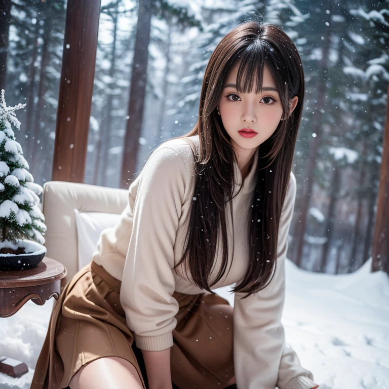 long skirt,skirt, (knee shot), 1 woman, On the face, light brown hair, blunt bangs, hair behind ears, Hair over the shoulders, long hair, Slender body type, Super thin face, face slimming, delicate lips, beautiful eyes, Thin blush, Eyes are light brown,Check it out here, (realistic:1.3), There is a coniferous forest with heavy snow., It's snowing .One person's perspective, 8k, On the table, north african trade zone, Super detailed, high quality, best quality, High resolution,