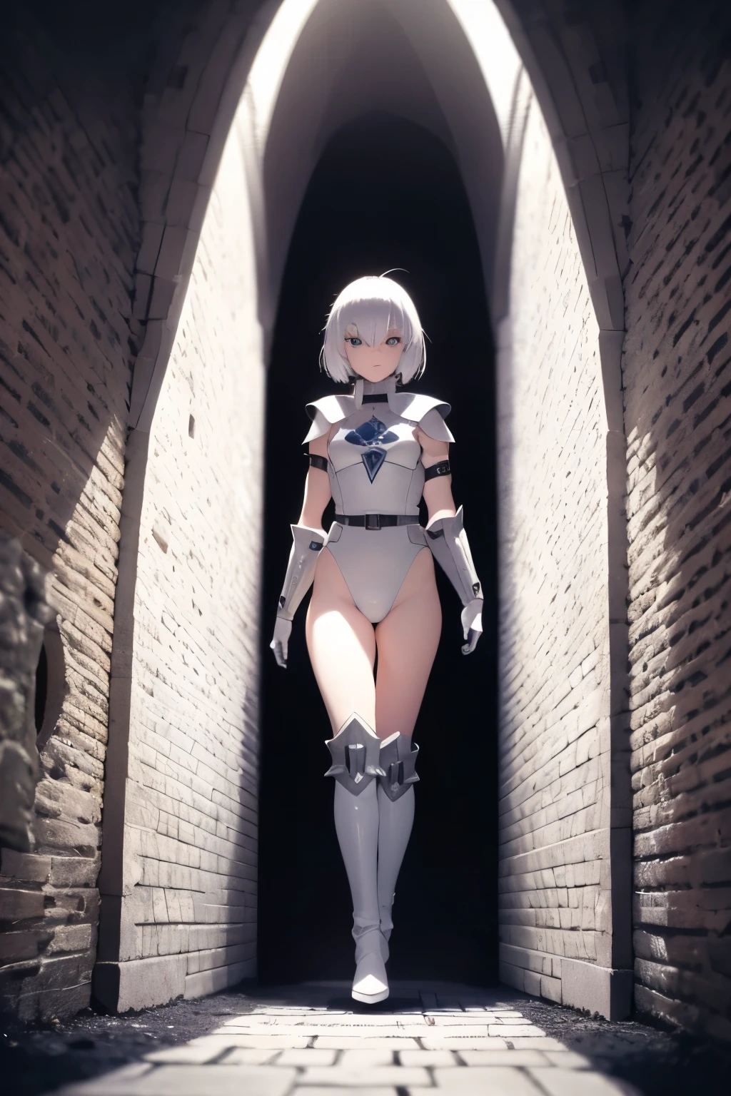 (masterpiece))), (((best quality))), ((ultra-detailed)), (cinematic lighting), (illustration), (beautiful detailed eyes), (1girl), full body, knight, armour, light hair, best quality, expressive eyes, perfect face, Girl: (20s, white hair, short hair, white jumpsuit, grey and blue armour, black gloves, knee boots, white pants), dungeon, brick floor, stone floor, underground, moss, walking, armored leotard, retro anime