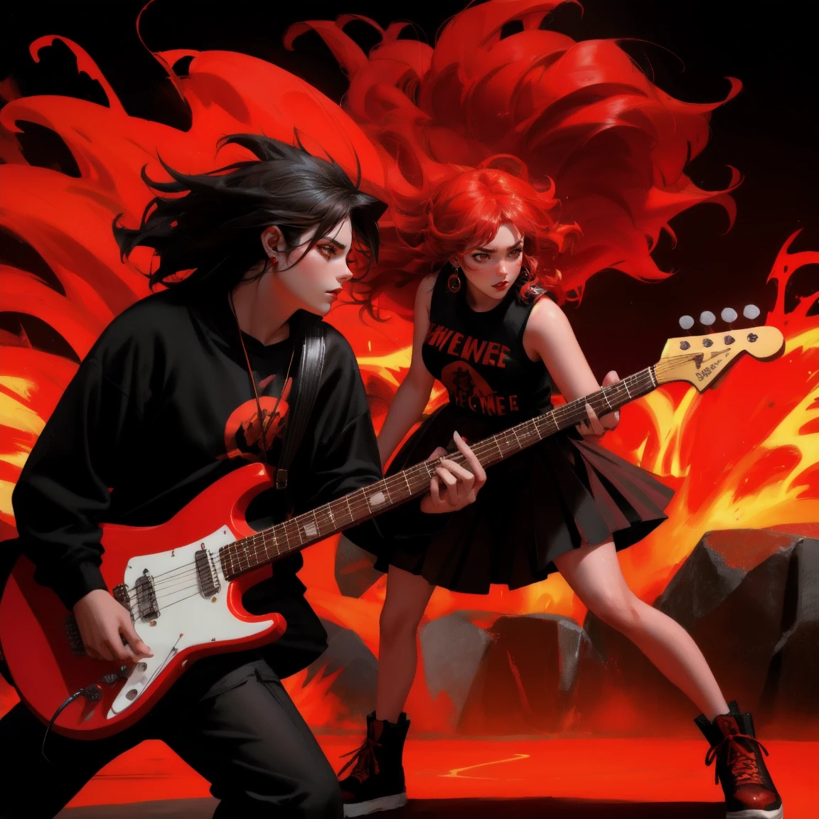 red-themed rock concert scene with a girl alongside a fiery ape, both rocking out on electric guitars. The girl and ape share intense energy, with wild hair, fierce expressions, and flames surrounding them, creating a powerful and dynamic atmosphere.