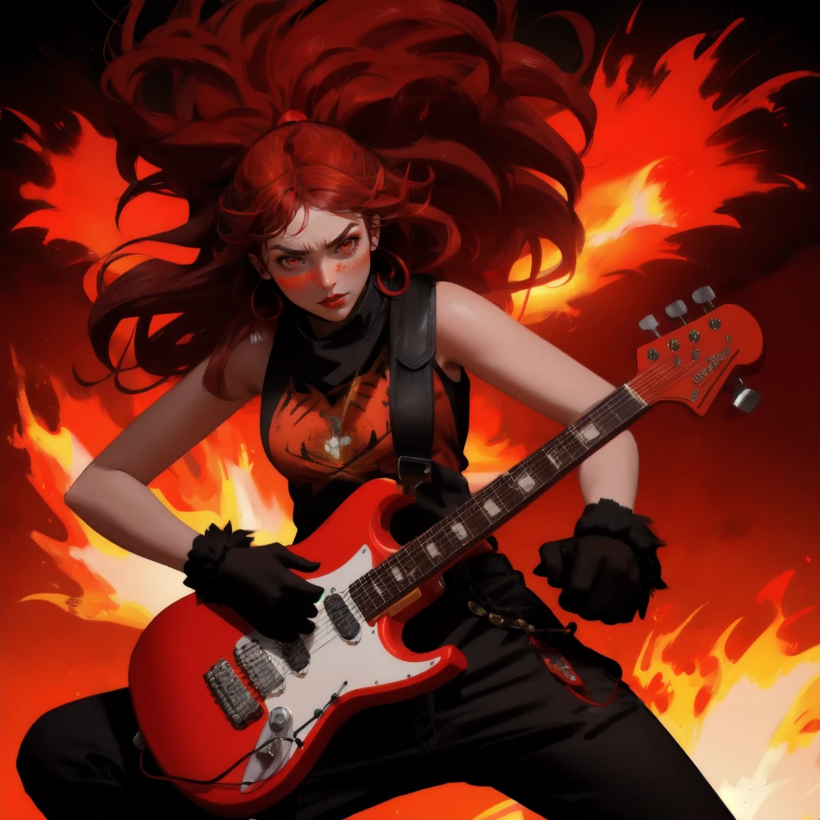 red-themed rock concert scene with a girl alongside a fiery ape, both rocking out on electric guitars. The girl and ape share intense energy, with wild hair, fierce expressions, and flames surrounding them, creating a powerful and dynamic atmosphere.