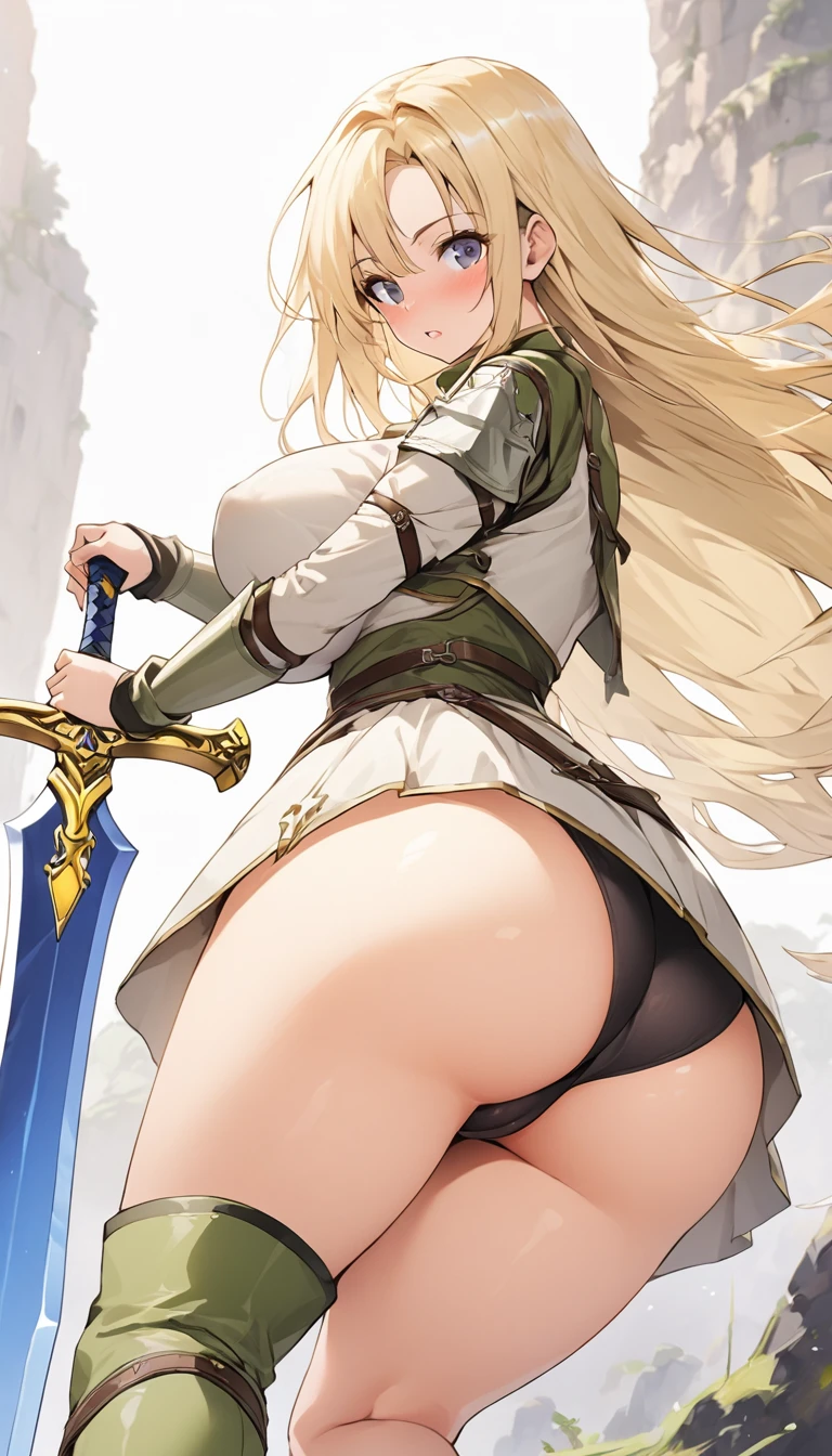 Ultra-high definition image quality、beautiful girl、Female Swordsman、Light Armor、Green Boots、Long Hair、blonde、20-year-old、have confidence々face、Very short tight skirt、Cowgirl、wilderness、Highest quality,Big Ass、Big Breasts、Thighs、Grasping the hilt of the holy sword Excalibur、Black panties、Kick off with your feet and jump、Joan of Arc style clothing、Wind King Barrier、Her hair is fluttering in the wind、The Sword of Promised Victory、god々Wearing a bright aura、Big Ass、Valkyrie、Butt close-up