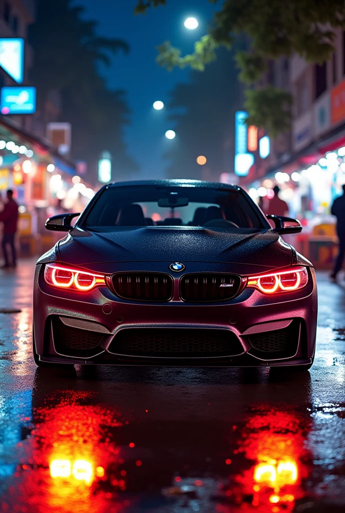 BMW m4 compitition black neon colour, a Indian city , road colour black neon , headlight colour red,