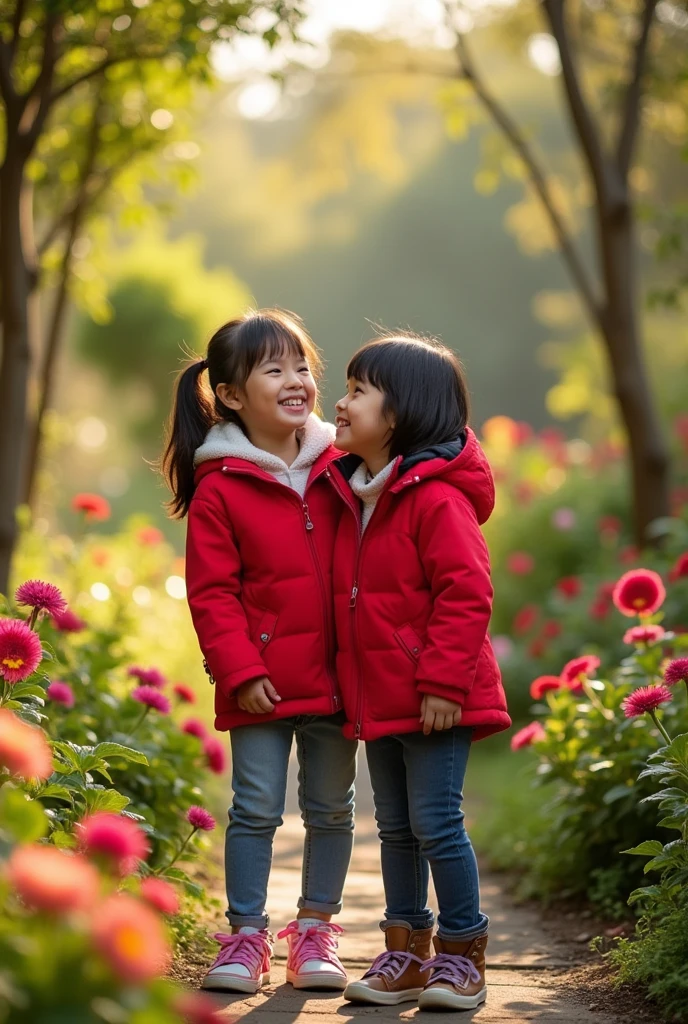 Real pinay mother and daughter 7 old together wearing red jacket standing with background garden