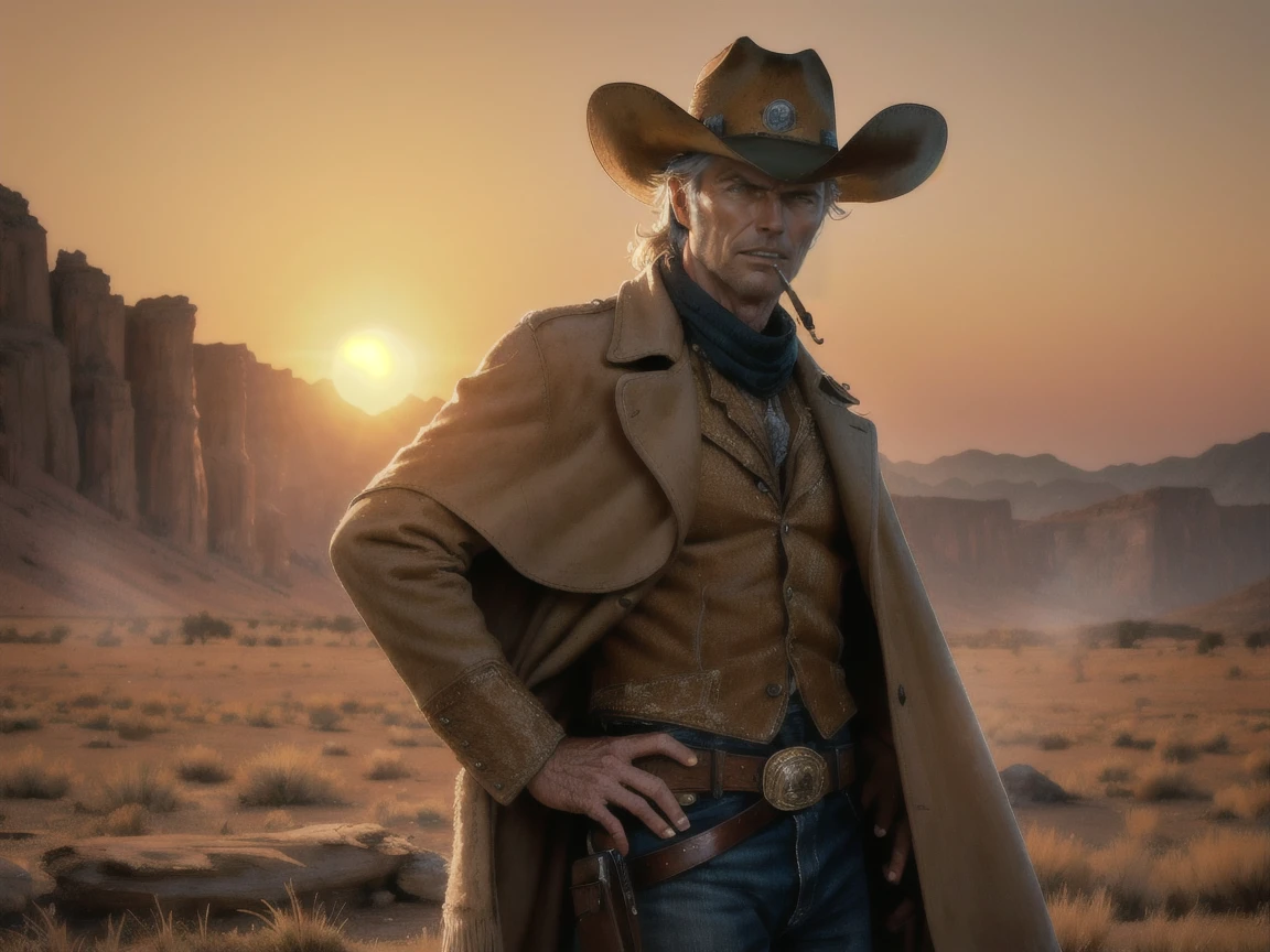 ((masterpiece, very detailed, 8k wallpaper, best resolution, very realistic)), (dusty, grainy, sun bleached, classic western, golden hour lighting, 35mm film, vintage lense, warm tones, cinematic, film grain, cowboy shot), cowboy like clint eastwood, hands on hip, belt with revolver, poncho, cowboy hat, cigarillo in mouth, eagle in the sky