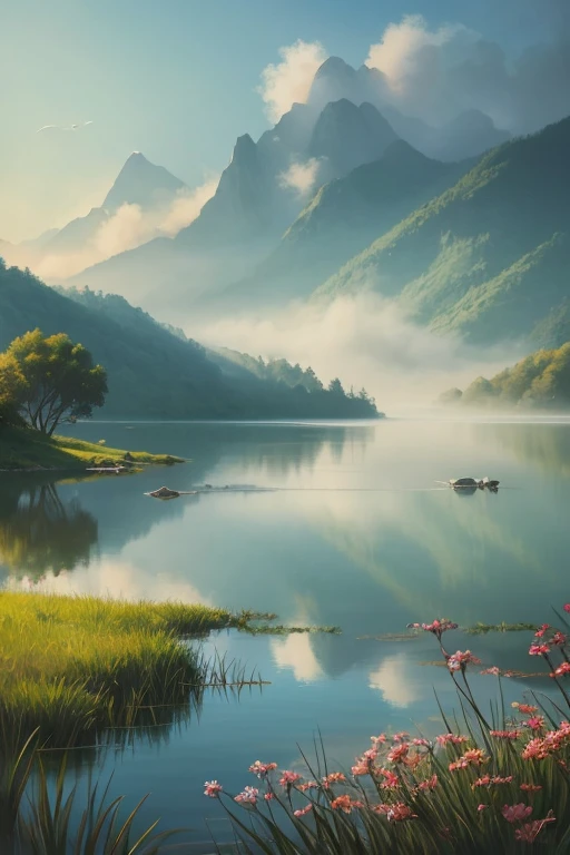 Highest quality、Landscape painting、Tranquil lakeside scenery、Foggy、dim