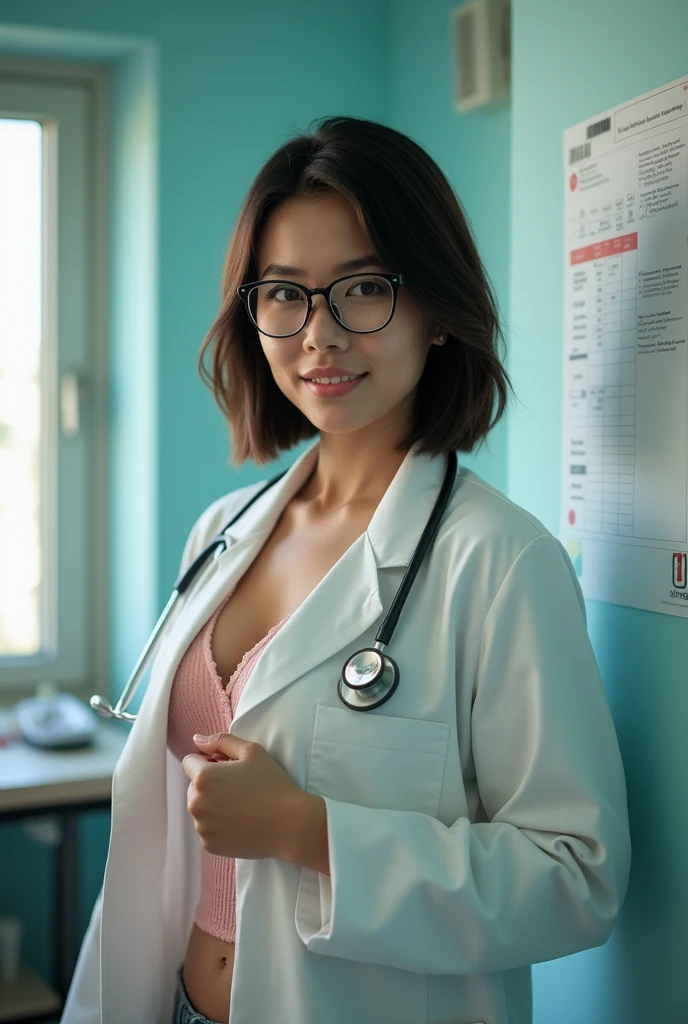 A 40 years old beautiful chubby malay women (natural big breasts) and big belly, bob cut hair style, wear sexy doctor jacket, wear glasses, sensual and seductive expression and pose, with a stethoscope, checking a patient in the room as background, realistic photography, natural light, look at the viewer,