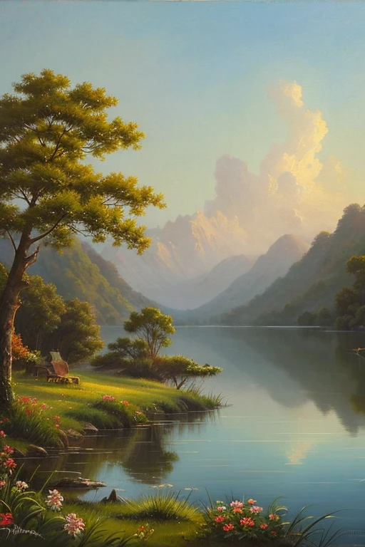 Highest quality、Landscape painting、Tranquil lakeside scenery、Foggy、dim
