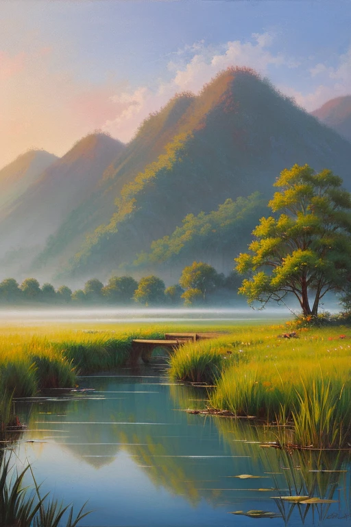 Highest quality、Landscape painting、Tranquil lakeside scenery、Foggy、dim