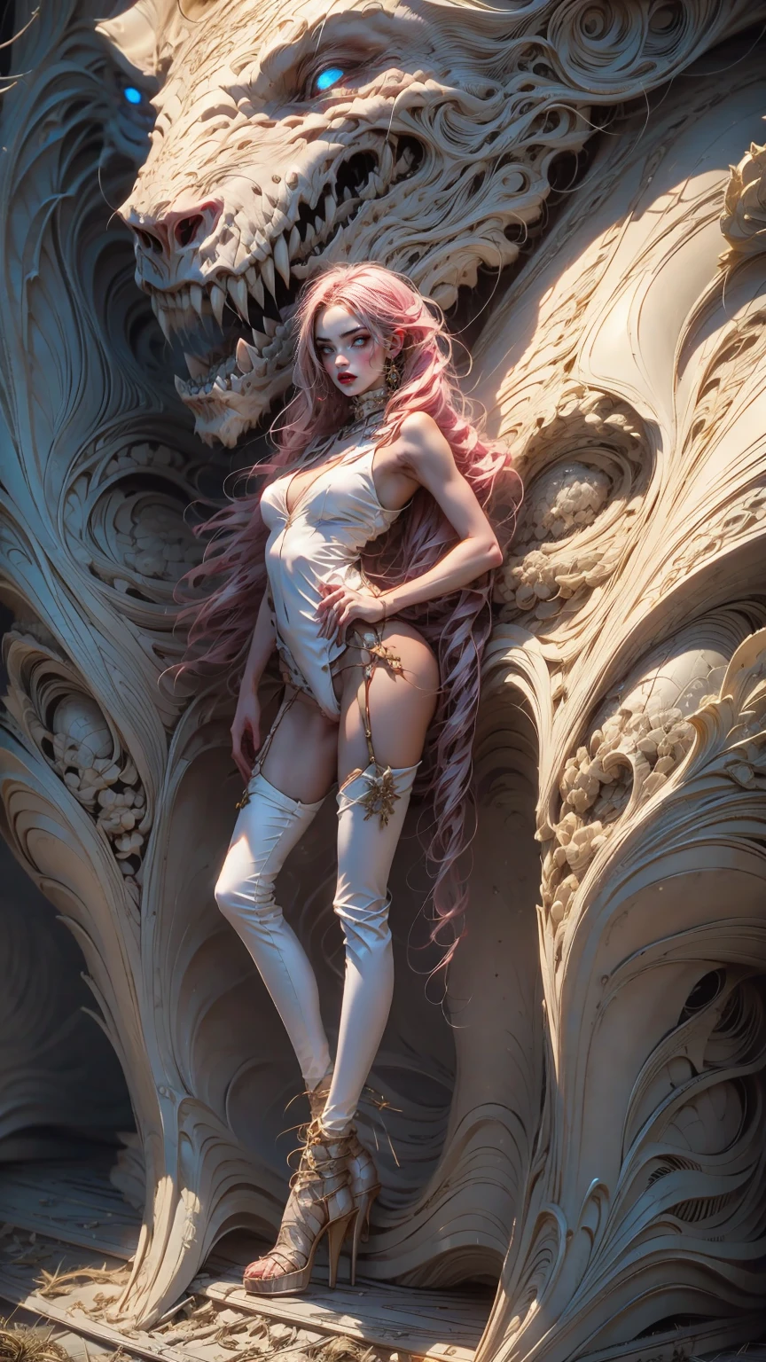 (megan fox), (1 girl), young girl, bodybuilder physique, seductive face, seductive look, long pink hair, perfect muscular body, long thin legs, latex panties, cameltoe, bulging pecs, (huge muscular shoulders:1.45), (full body shot), MeganF_SoloTI_v1