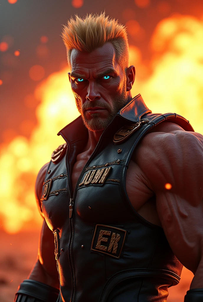 a highly detailed, cinematic, dramatic portrait of duke nukem, intense expression, chiseled jawline, piercing blue eyes, glowing sunrays, explosion in the background, high contrast, sharp focus, digital painting, masterpiece, painted by stanley lau, greg rutkowski, stanley artgerm, artstation quality, concept art, smooth, intricate filigree details, photorealistic 8k, cinematic lighting