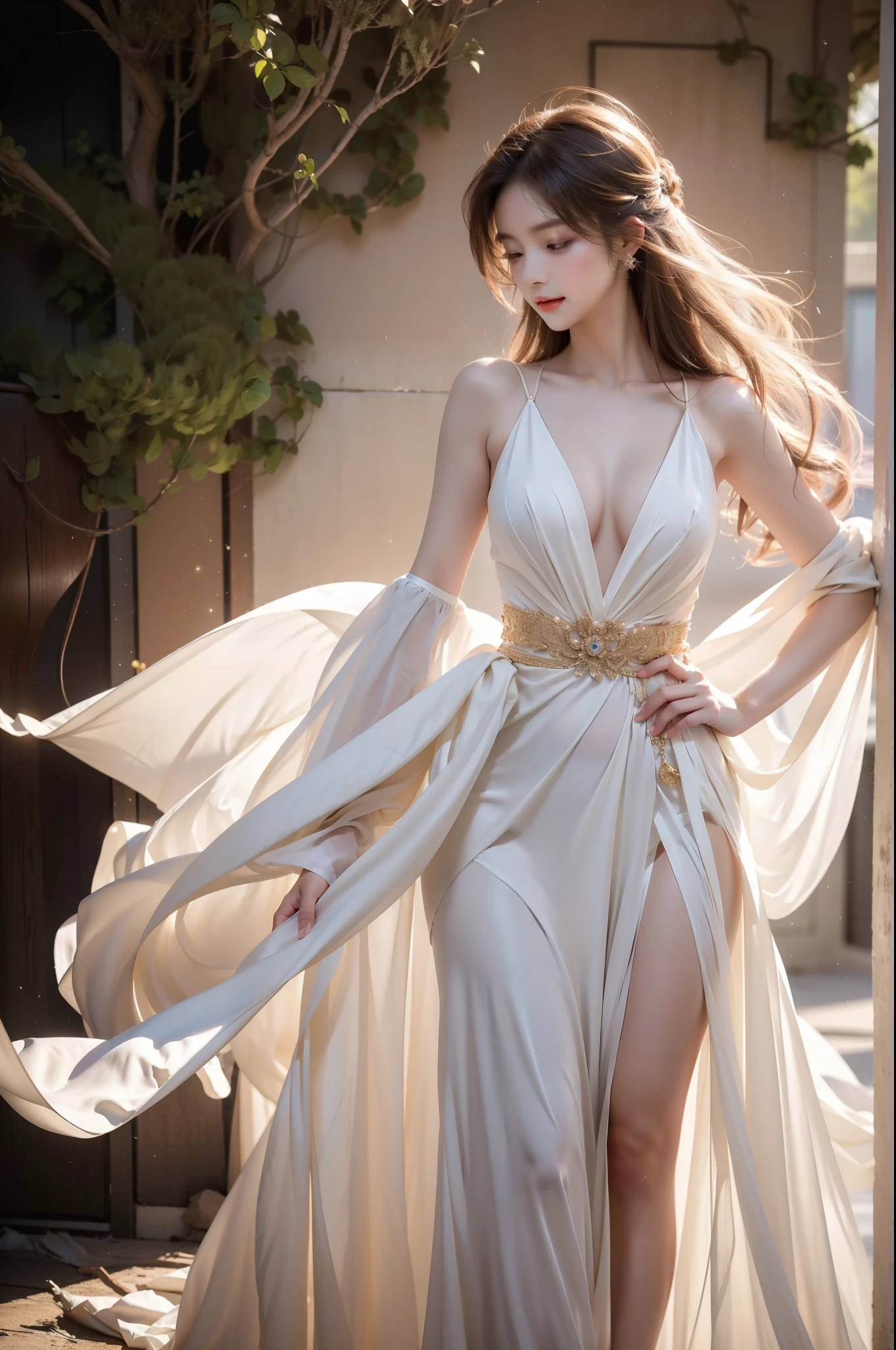 Angel A beautiful woman, in an elegant pose, her full breasts on display.,Visible cleavage,Sexy long legs,The skirt is short, Variety of slim and cute beauties, Her long hair cascades down her shoulders like a waterfall。She smiles radiantly,Eyes sparkle,Her skin is flawless。Her curves are highlighted。Sparkle in the light,The colors are soft,One hand on hip,Her posture is both graceful and strong。She wears elegant high heels,Goes well with her outfit。In the warm golden sun。The overall atmosphere of the image is tranquil and uplifting,Emphasizing natural beauty and elegance, Studio Lighting,Bright colors, Sweet maiden, sweet smile, make up,shy,Blush,Parted lips,Heavy breathing,moan,Surrealism,Realism,Movie Lighting,Relief,Sony FE GM,Retina,masterpiece,precise,Anatomically correct,Textured Skin,Super Detail,High Detail,best quality,rich and colorful