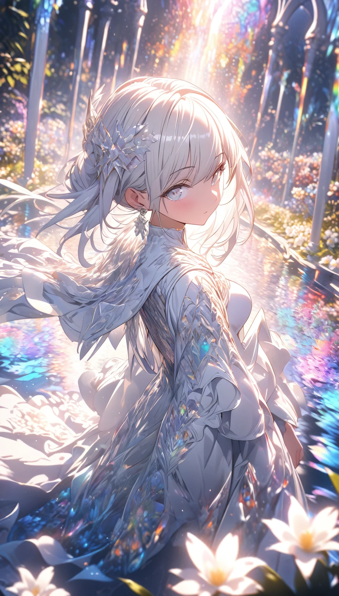 apstyle(masterpiece, best quality), (fractal art:1.3), (1girl), rich, white hair, white hair ornament, white earrings, detailed white eyes, detailed white clothes, highly detailed, cinematic lighting, intricate details, (specular light:1.5), colorful, glowing, shiny, depth of field, white flower, garden, reflective pond, white bridge, full body