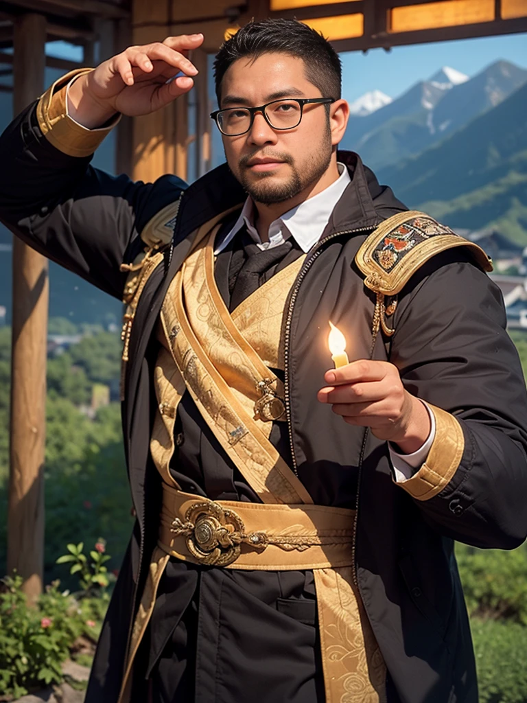 solo, crew cut, (((full body))), mature man, [slightly fat], asian man, brown eyes, rounded face, glasses, slightly balding, (((stubbles, Short beard))), (((full beard))), (Beautiful eyes:1.3), (Detailed face:1.3), Masterpiece, A majestic scene of a Chinese border guard from the Ming Dynasty, set in the year 1400 AD, patrolling the Great Wall near the Yin Mountains on the Mongolian border at night with a torch in his right hand. The night envelops the landscape, pierced only by the glow of the torch he holds aloft. His vigilant gaze sweeps across the rugged terrain, a testament to his duty to protect the empire's frontier. The ancient stones of the wall, a silent witness to his solitary vigil, stretch into the darkness, merging with the shadowy outlines of the distant mountains, 16K, ultra high res.photorealistic, UHD, RAW, wide angle, FOV, night lighting, dim lighting, the Great China wall across the Yin Mountains in the Background
