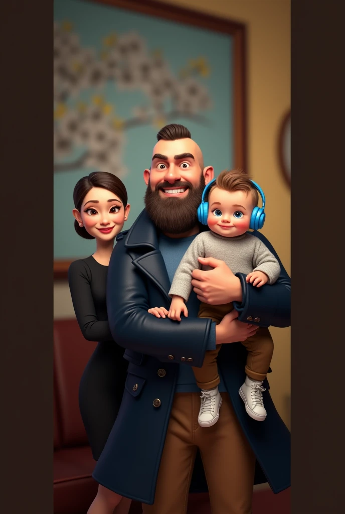 family of 3 people, an adult couple and an 8-month-old baby. The father is in the center, he is wearing dark blue coat and light blue shirt and brown pants, he is the tallest, big and strong,, full shaved bald hair and he has a medium black Viking-style beard, with light brown eyes and he has grumpy face. The father is holding the 8-month-old baby in his left arm. The eight-month-old baby has dark blond hair and big dark blue eyes, the baby is wearing light grey jumper and light brown pants and converse withe shoes and headphones blue. The mother has dark blond hair and light brown eyes, her hair tied up and a beautiful smile, she is very beautiful and gorgeus and elegant. She is wearing black dress, Character should be colorful and have a fun, friendly look, with exaggerated, expressive features. Pixar style.