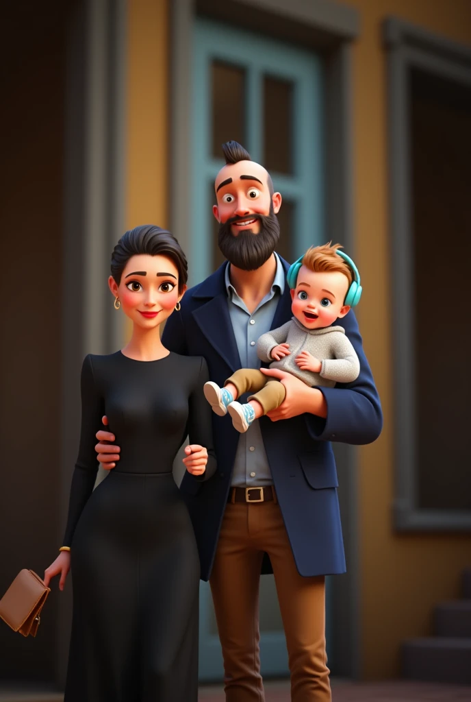 family of 3 people, an adult couple and an 8-month-old baby. The father is in the center, he is wearing  dark blue coat and light blue shirt and brown pants, he is the tallest,  big and strong,,  full shaved bald hair and he has a medium black Viking-style beard, with light brown eyes and  he has grumpy face. The father is holding the 8-month-old baby in his left arm. The eight-month-old baby has dark blond hair and big dark blue eyes, the baby is wearing light grey jumper and light brown pants and converse withe shoes and headphones blue. The mother has dark blond hair and light brown eyes, her hair tied up and a beautiful smile, she is very beautiful and gorgeus and elegant. She is wearing black dress, Character should be colorful and have a fun, friendly look, with exaggerated, expressive features. Pixar style.