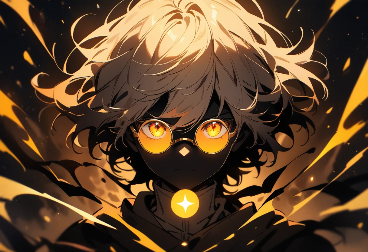 Masterpiece, character, male, round yellow sunglasses, eyes in the background, darkness, magical glow, amazing effects
