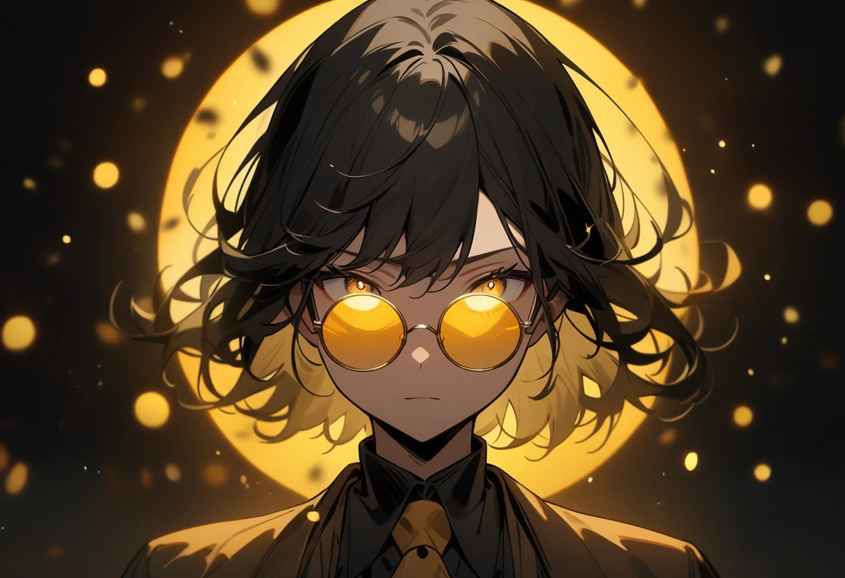 Masterpiece, character, male, round yellow sunglasses, eyes in the background, darkness, magical glow, amazing effects