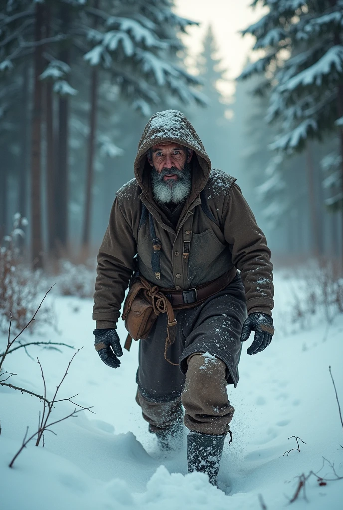 a man, lost in the woods during a brutal winter.