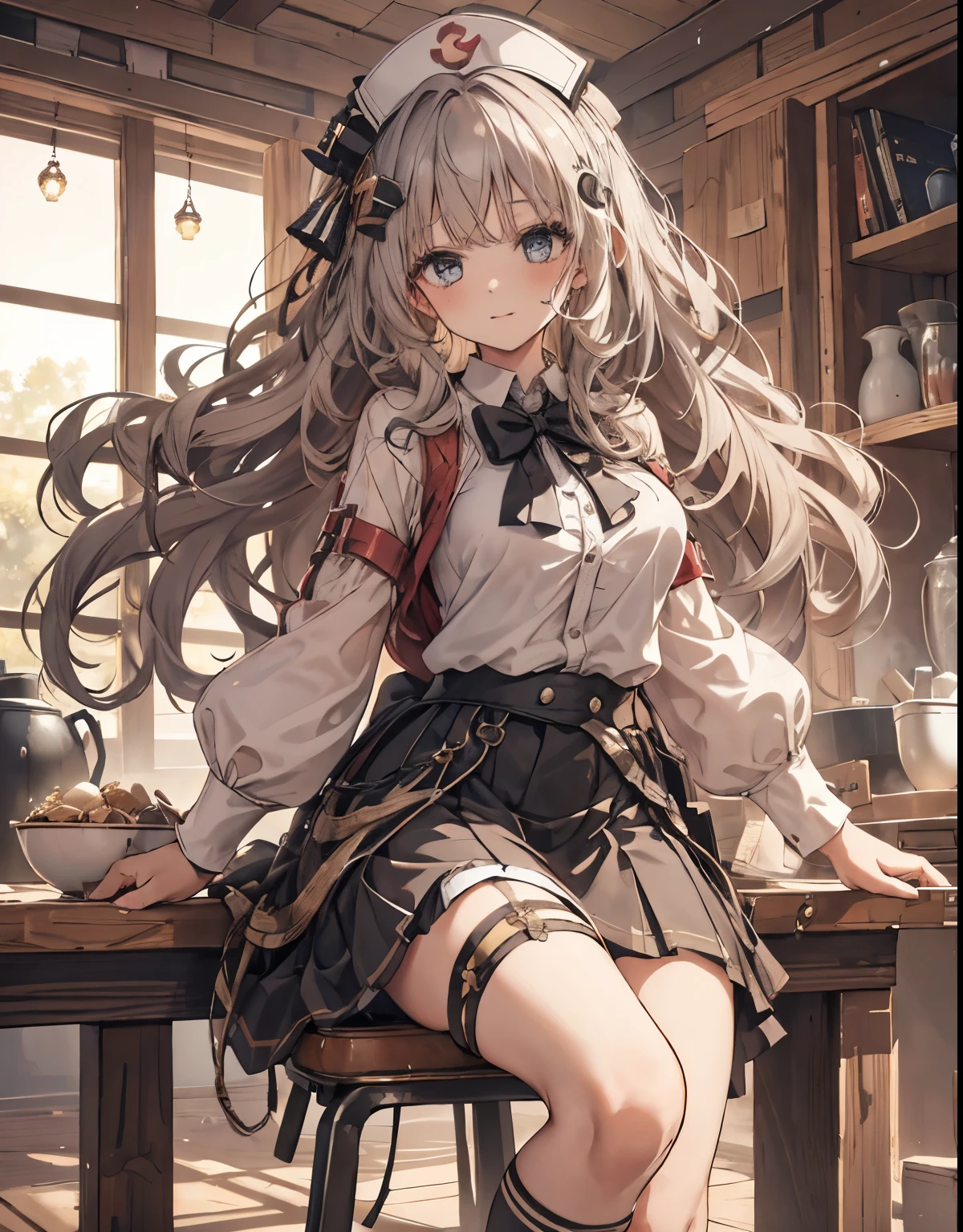 masterpiece, 1girl, sparrow, a silver haired girl, wearing a magic school clothes, curly long hair, messy hair, slim body, he close her left eye, shirt ornament, ruby eyes, ahoge, , bige breast, beautiful breasts, rounded breasts, long sleeves, beautiful eyes, white stocking, droopy eyes, skirt, black skirt, plaid skirt, her age is 19 years old, ricefield, bowtie, flared skirt, tight shirt, skirt, nilou (genshin impact), lovely face, medium hair, seductive smile, curly hair, nurse cap, sit, brown capelet