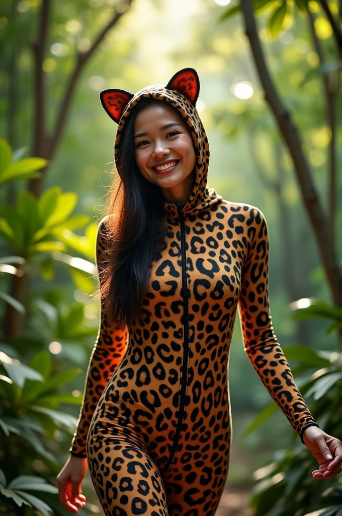 The beautiful asian adult girl with beautiful cheeks wears leopard lycra turtleneck unitard catsuit covered with spots and leopard lycra elastane dancewear hijab-like hood.She is happy to walk in the jungle.She always put fake cat whsikers and nose that are made of black makeup marker pen.