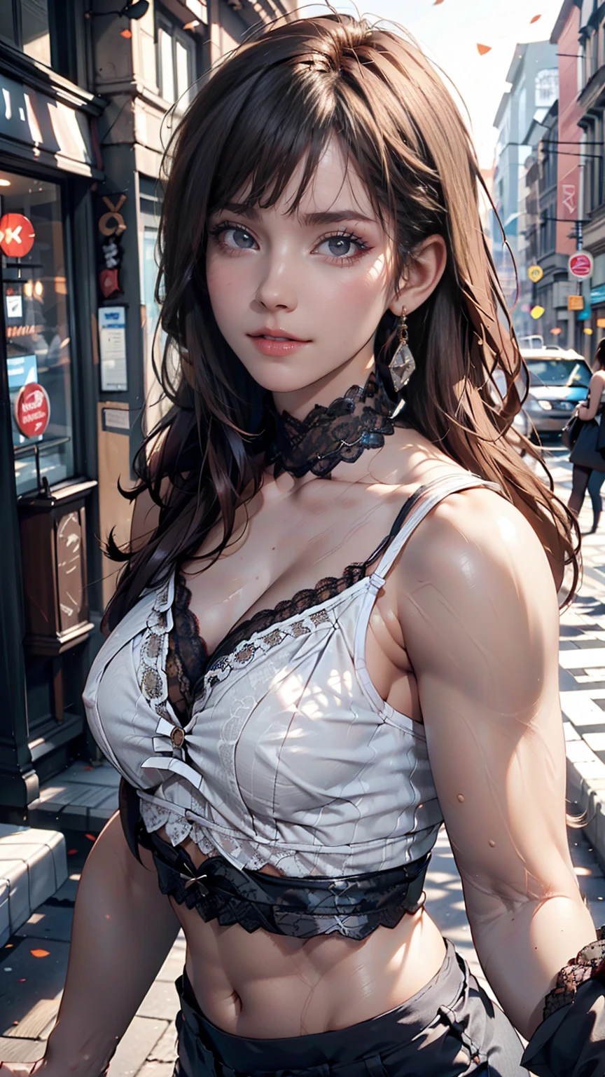 Beautiful woman, Playing with your cell phone in the middle of the street, [See through](Short lace camisole:1.47), Natural Breasts, Medium chest, (Tight waist, Perfect body curves), Earrings, Sharp focus, (Tall body, Adult female), (Skin with attention to detail, Skin pores:1.4)、Slim figure、Sexy proportions