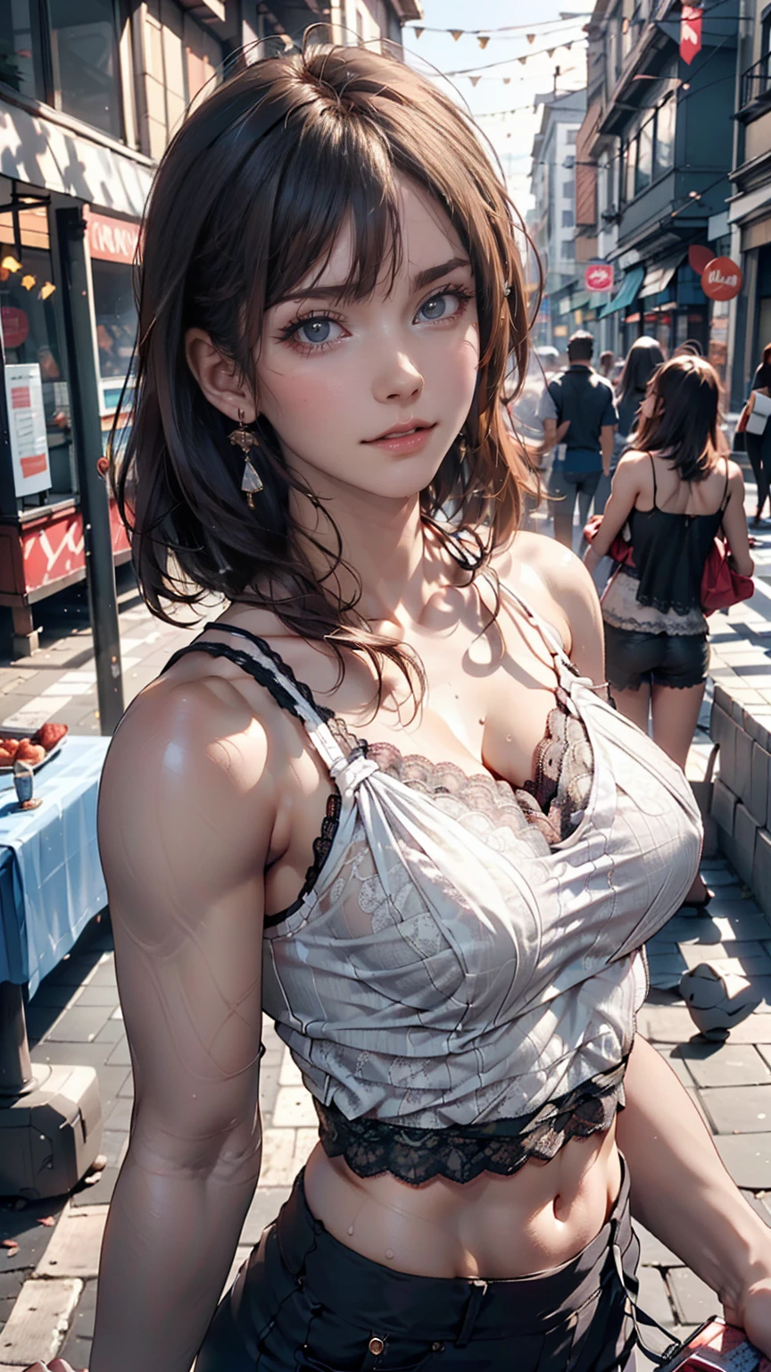 Beautiful woman, Playing with your cell phone in the middle of the street, [See through](Short lace camisole:1.47), Natural Breasts, Medium chest, (Tight waist, Perfect body curves), Earrings, Sharp focus, (Tall body, Adult female), (Skin with attention to detail, Skin pores:1.4)、Slim figure、Sexy proportions