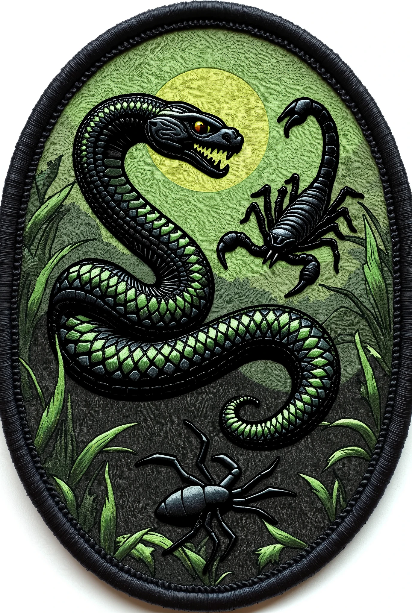 Image for military patch ,round-cropped , green and black , rescue of venomous animals with snake, scorpion and spider