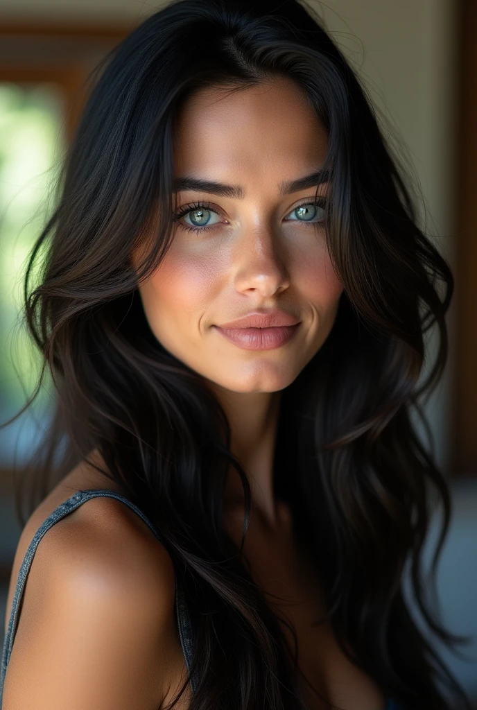 A photorealistic portrait of a 28-year-old Spanish woman with long, straight luxurious black hair and captivating blue eyes. Her expression should be natural and inviting. The setting for this portrait should be a picturesque in her home salon on the sopha. Capture this image with a high-resolution photograph using an 85mm lens to achieve a flattering and engaging perspective.