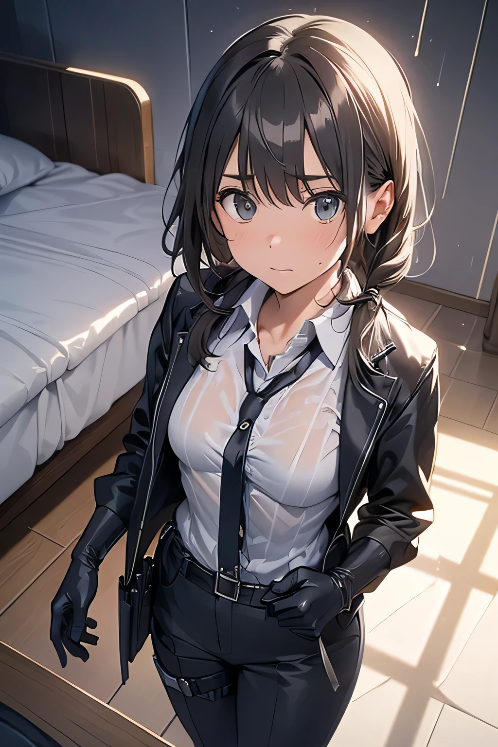 1 female, , high quality, masterpiece, Ultra-high resolution, , Cinema Lighting, , , And the suspenders with the cranes flying　　　Large Breasts　 　 　　　　Small face　 　　　holster　　　　　　　 Lying in bed　Looking up　　　　Sweat 　　　belt　summer　脇Sweat 　Black Hole Gloves　suit　shirt　　Black jacket　 Black trousers　Leg Links　ズボンにbelt　　holster　 　　Hands behind your back　 Anxious expression　Looking up　Anxious face, legs apart　Armament　　Cable ties　レッグholster　holster　See-through clothing　heavy rain　Getting wet in the rain